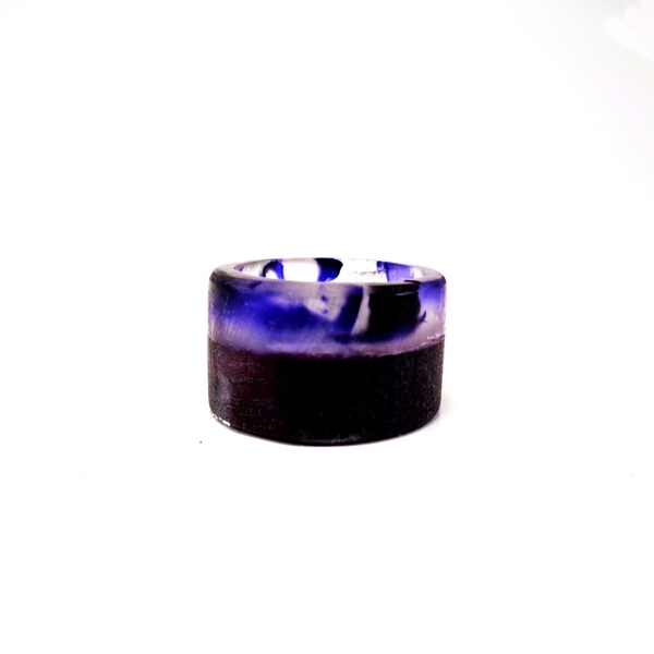Δαχτυλίδι από υγρό γυαλί και ξύλο με μωβ χρώμα - ξύλο, γυαλί, boho, σταθερά, μεγάλα - 3