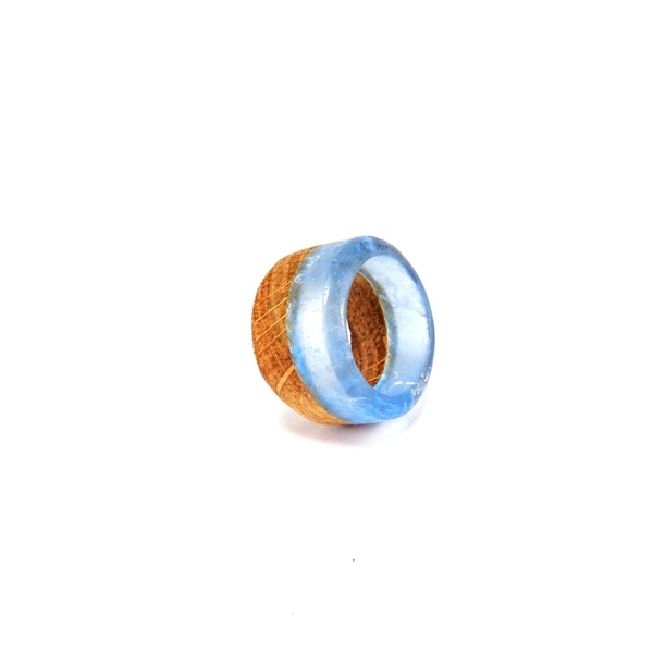 Δαχτυλίδι από υγρό γυαλί και ξύλο - Καφέ-Γαλάζιο - ξύλο, γυαλί, boho, σταθερά, μεγάλα - 3