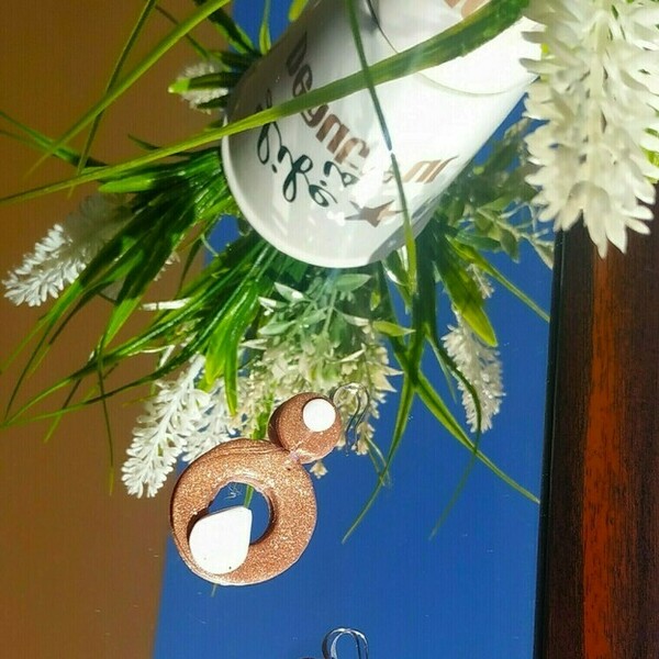 Airam earrings Χειροποίητα σκουλαρίκια απο πηλό σε ροζ χρυσό με λευκά στοιχεια - πηλός, κρεμαστά, μεγάλα - 2