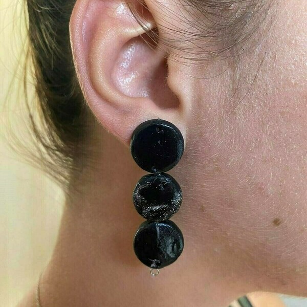 Marita earrings Χειροποίητα σκουλαρίκια απο πηλό σε μαύρο χρώμα - πηλός, μακριά, καρφωτά, μεγάλα - 2