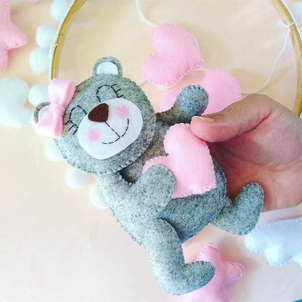 Mobile αρκουδάκια γκρι-ροζ - κορίτσι, δώρο, μόμπιλε, βρεφικά - 3