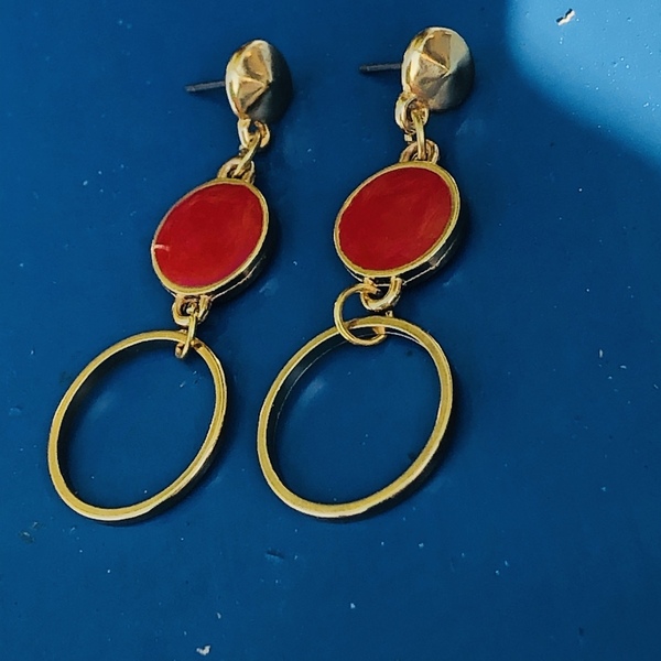 Retro earrings in gold and red - επιχρυσωμένα, κρεμαστά - 3
