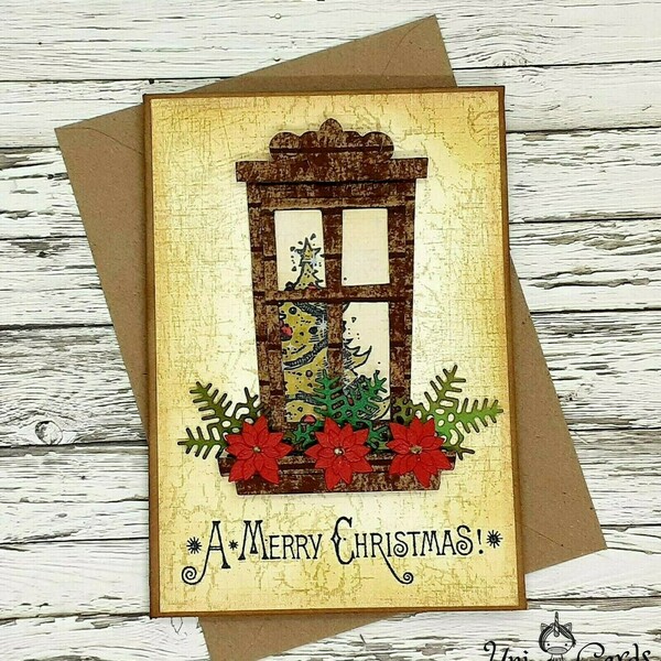 Ευχετήρια Κάρτα Χριστουγέννων - Στολισμένο παράθυρο - ρετρό, κάρτα ευχών, ευχετήριες κάρτες - 3