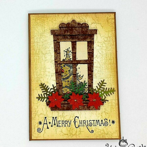 Ευχετήρια Κάρτα Χριστουγέννων - Στολισμένο παράθυρο - ρετρό, κάρτα ευχών, ευχετήριες κάρτες - 4