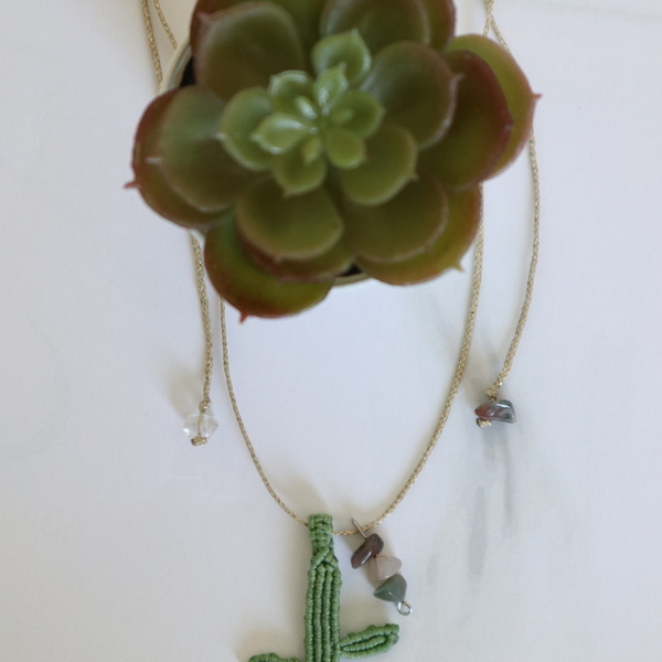 Cactus Necklace - ημιπολύτιμες πέτρες, μακραμέ, κορδόνια, κάκτος - 3
