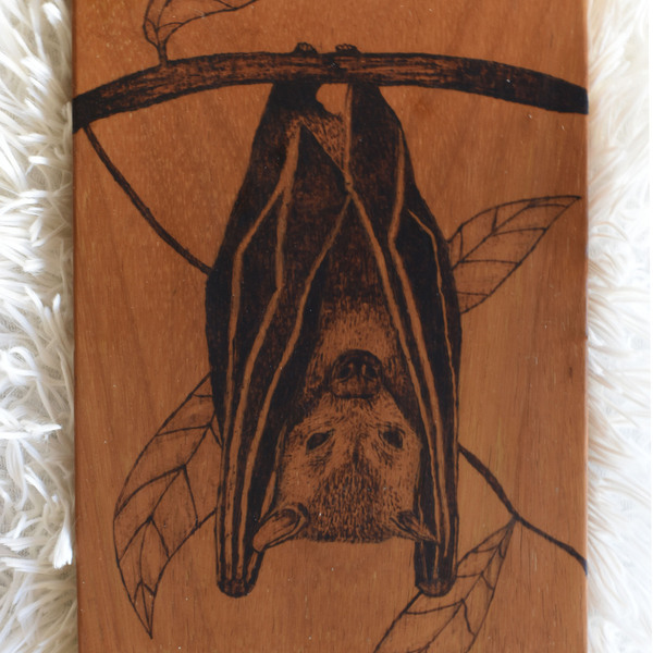Νυχτερίδα χειροποίητη πυρογραφία σε ξύλινο κάδρο - ξύλο, πίνακες & κάδρα