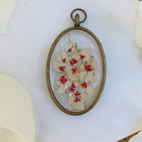 Élodie Vintage - White Oval - Pressed Flowers Necklace - charms, μακριά, λουλούδι, μενταγιόν - 2