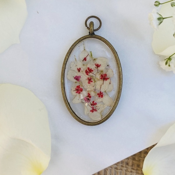 Élodie Vintage - White Oval - Pressed Flowers Necklace - charms, μακριά, λουλούδι, μενταγιόν - 3