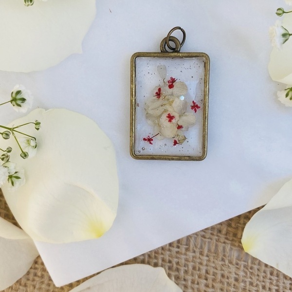 Élodie Vintage - White Square - Pressed Flowers Necklace - charms, μακριά, λουλούδι - 3