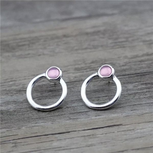 Σκουλαρικια κρικακια καρφωτα - pink circle - ημιπολύτιμες πέτρες, γεωμετρικά σχέδια, πέτρες, καρφωτά, μικρά - 2