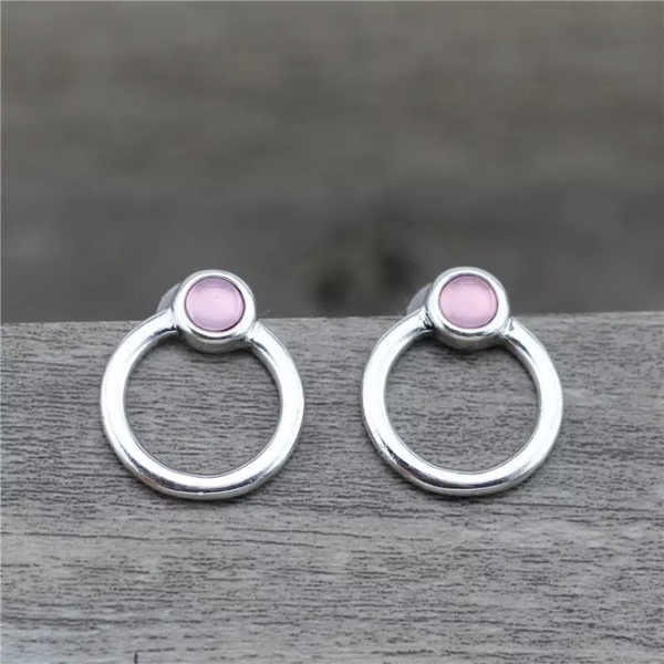 Σκουλαρικια κρικακια καρφωτα - pink circle - ημιπολύτιμες πέτρες, γεωμετρικά σχέδια, πέτρες, καρφωτά, μικρά - 3