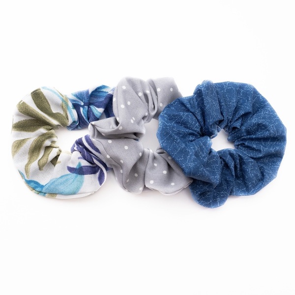 Σετ 3 λαστιχάκια scrunchies τροπικά λουλούδια, πουά γκρι, μπλε - λαστιχάκια μαλλιών