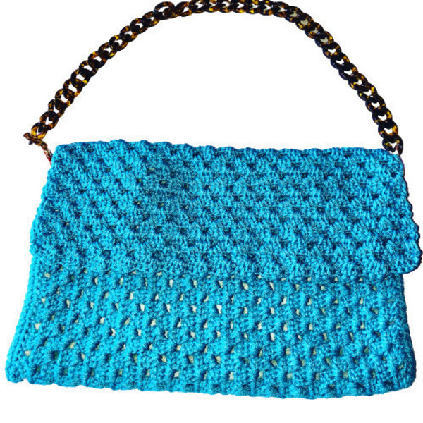 Chic in turquoise handmade crochet bag - φάκελοι, ώμου, πλεκτές τσάντες, βραδινές