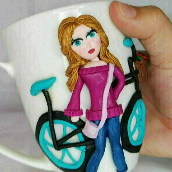 Χειροποίητο πλυμερικό κούπα κορίτσι με ποδήλατο - πηλός, πορσελάνη, δώρα για γυναίκες - 5