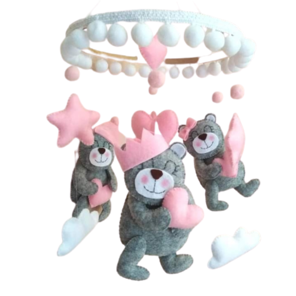 Mobile αρκουδάκια γκρι-ροζ - κορίτσι, δώρο, μόμπιλε, βρεφικά