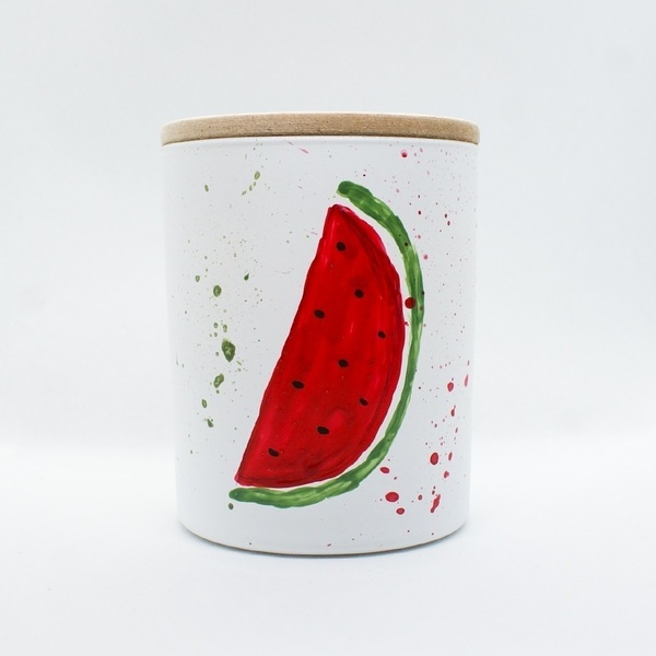 Κερί σογιας με άρωμα Watermelon μέσα σε ποτήρι ζωγραφισμένο στο χέρι - ζωγραφισμένα στο χέρι, αρωματικά κεριά, διακοσμητικά, κεριά