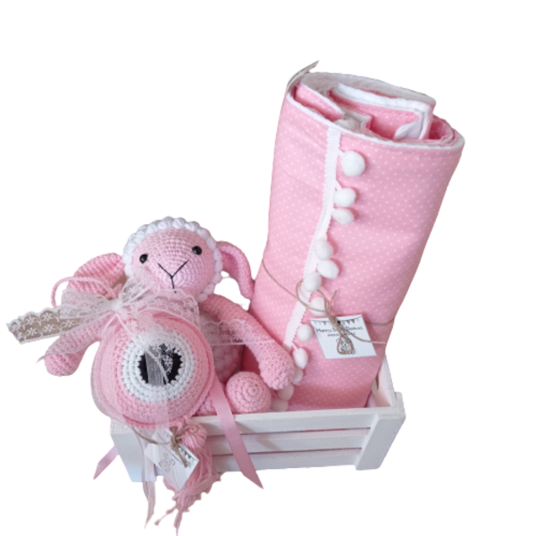 Καλαθάκι Νεογέννητου "Προβατάκι Ροζ" - κορίτσι, amigurumi, σετ δώρου