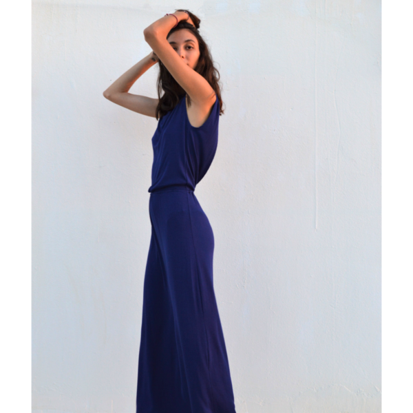 Μπλε φόρεμα με ανοιχτή πλάτη - βαμβάκι, αμάνικο, Black Friday - 3