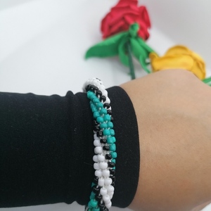 Βραχιόλι με χάντρες crochet knitted turquoise and white - χάντρες, σταθερά, χεριού - 4