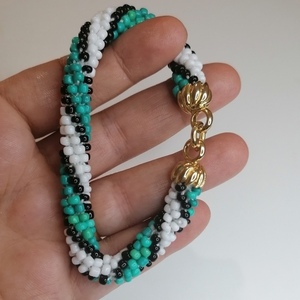 Βραχιόλι με χάντρες crochet knitted turquoise and white - χάντρες, σταθερά, χεριού - 2