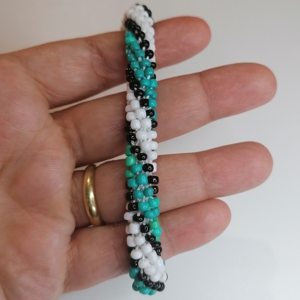 Βραχιόλι με χάντρες crochet knitted turquoise and white - χάντρες, σταθερά, χεριού - 3