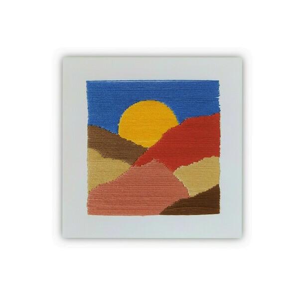 Πίνακας κεντημένος με ηλιοβασίλεμα και βουνά - πίνακες & κάδρα