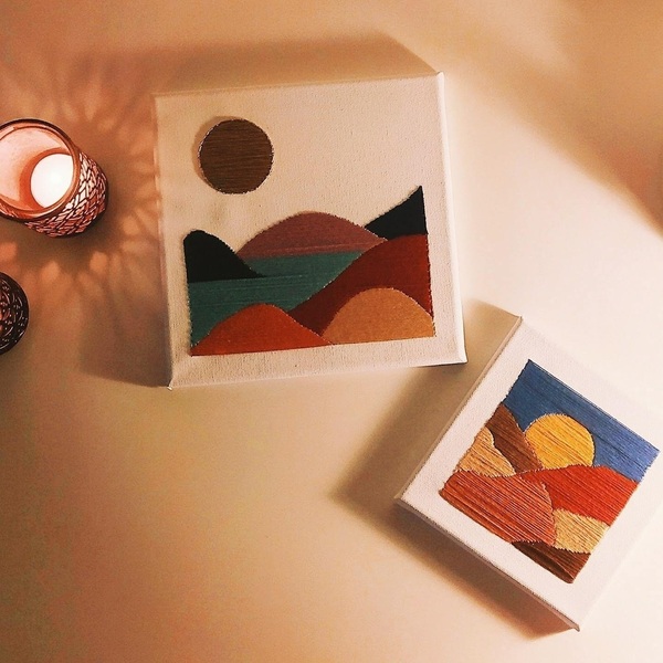 Πίνακας κεντημένος με ηλιοβασίλεμα και βουνά - πίνακες & κάδρα - 3
