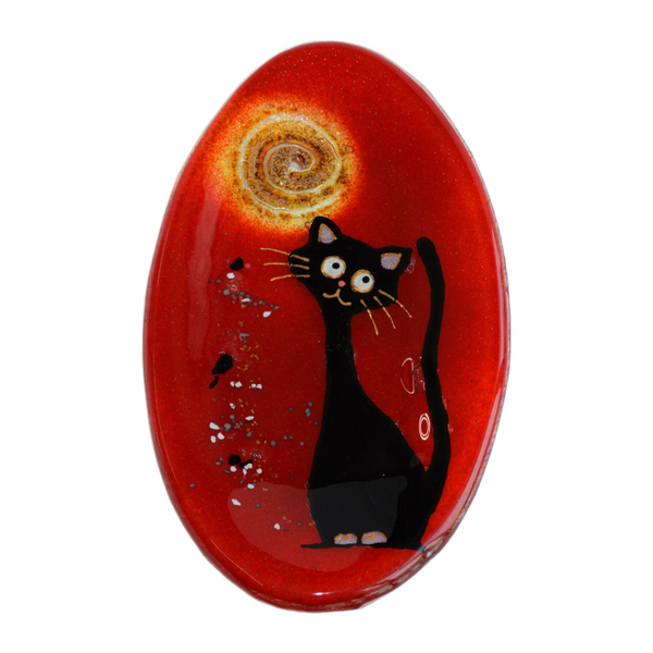 Γυάλινο Οβάλ Πιάτο Γάτα 13χ23χ2 κόκκινο - amythito 016233.4571 - γυαλί, δώρο, γάτα, πιατάκια & δίσκοι - 2