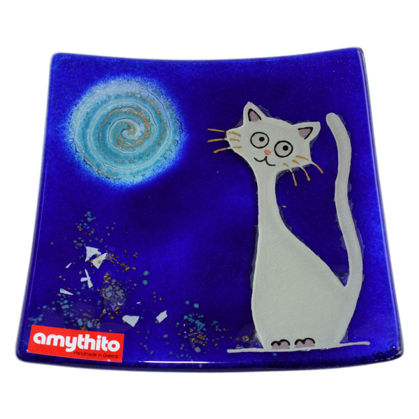 Γυάλινο Χειροποίητο Πιάτο 20χ20χ3 μπλε - amythito 001116.4573 - γυαλί, γάτα, δώρα γάμου, πιατάκια & δίσκοι