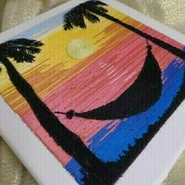 Πίνακας κεντημένος με ηλιοβασίλεμα και αιώρα - πίνακες & κάδρα - 4
