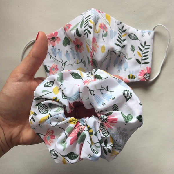 Χειροποίητη μάσκα με ασορτί scrunchie ‘άνοιξη’ - βαμβάκι, προστασία, μάσκες προσώπου - 4