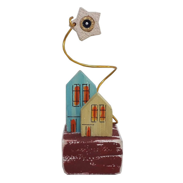 Διακοσμητικό επιτραπέζιο ξύλινο χειροποίητο Σπίτια με κεραμικό αστέρι 8x12x3,5 Πολύχρωμο Καπαδάκης - ξύλο, ζωγραφισμένα στο χέρι, χειροποίητα, διακοσμητικά