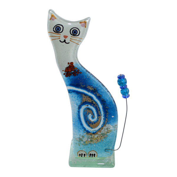 Γυάλινη Διακοσμητική Γάτα Ρεσώ 18χ7χ6 γαλάζιο - amythito 06523771 - γυαλί, γάτα, ρεσώ & κηροπήγια, βάσεις για ρεσώ, μινιατούρες φιγούρες