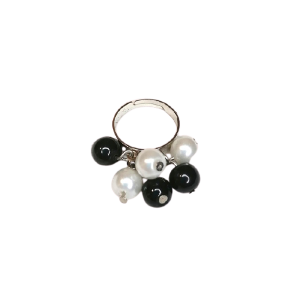 Δαχτυλίδι με χάντρες και μεταλλικη βάση black and white pearl - μαργαριτάρι, χάντρες, μεγάλα, αυξομειούμενα