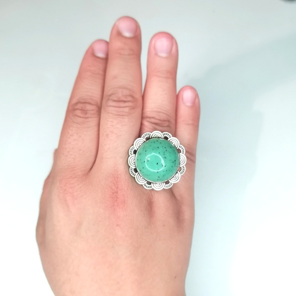 δαχτυλίδι από πολυμερικό πηλό και μεταλλική βάση turquoise colour - πηλός, μεγάλα, αυξομειούμενα - 3