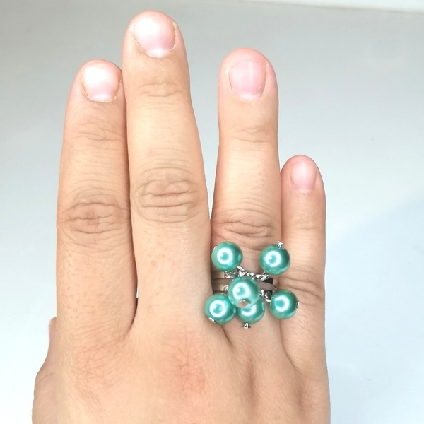 Δαχτυλίδι με χάντρες και μεταλλικη βάση turquoise pearls - μαργαριτάρι, χάντρες, boho, αυξομειούμενα - 3