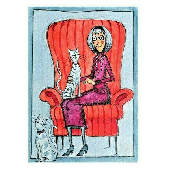 Κυρία με γάτες- Διακόσμηση τοίχου- artprint A5 - πίνακες & κάδρα, γιαγιά, δώρα γενεθλίων