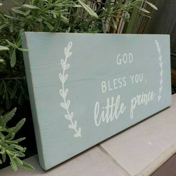 "God bless you little prince" - Ξύλινη πινακίδα 40 × 20 εκ. για το βρεφικό / παιδικό δωμάτιο / δώρο βάπτισης - αγόρι, μικρός πρίγκιπας, δώρα για βάπτιση, ταμπέλα - 3