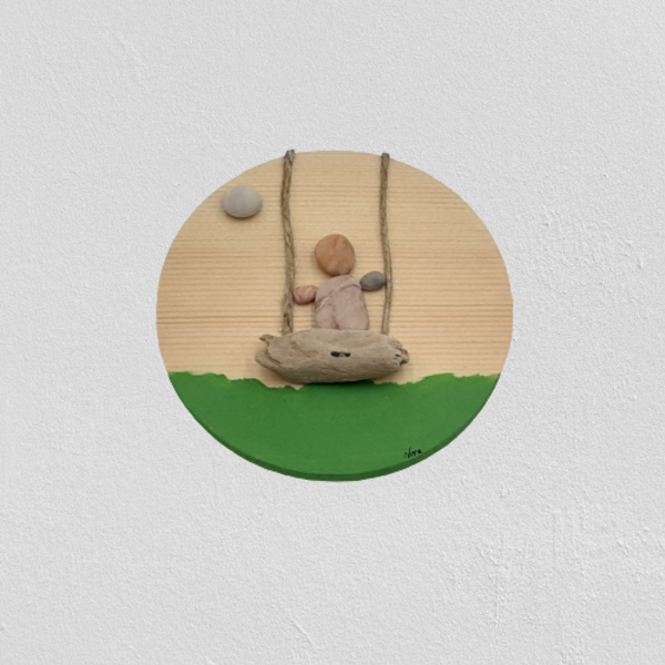 Ξύλινο μαγνητάκι με παράσταση από βότσαλα, κούνια (9cm) - ξύλο, χειροποίητα, διακοσμητικά, ιδεά για δώρο, μαγνητάκια ψυγείου - 4
