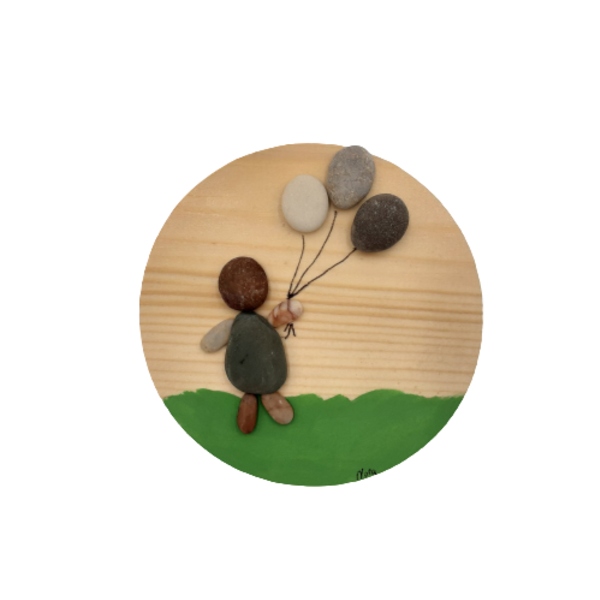 Ξύλινο μαγνητάκι με παράσταση από βότσαλα, παιδάκι με μπαλόνια (9cm) - ξύλο, χειροποίητα, δώρα γενεθλίων, ιδεά για δώρο, μαγνητάκια ψυγείου