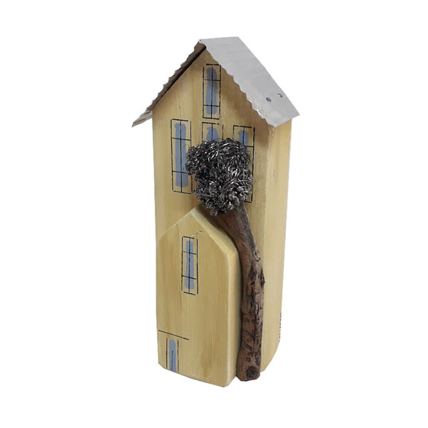 Διακοσμητικό επιτραπέζιο ξύλινο χειροποίητο Σπίτι με δέντρο και μεταλλική σκεπή 7x18x5,5 Κίτρινο Καπαδάκης - ξύλο, ζωγραφισμένα στο χέρι, σπίτι, χειροποίητα, διακοσμητικά