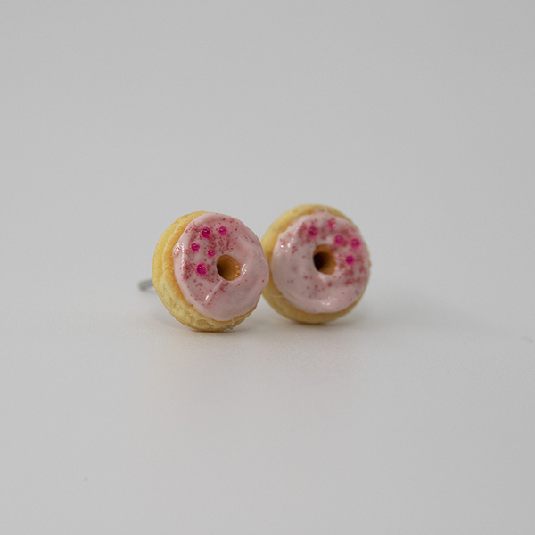 Κοσμήματα Μινιατούρες Σκουλαρίκια καρφωτά “Ντόνατς με γλάσο φράουλας” - πηλός, καρφωτά, μικρά, ατσάλι, boho - 3