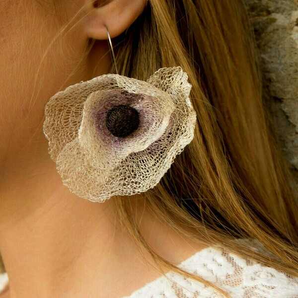 Σκουλαρίκια "Anemone"από πλέγμα τιτανίου - λουλούδι, κρεμαστά, μεγάλα, δώρα για γυναίκες - 3