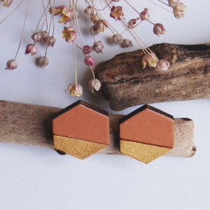 Ξύλινα σκουλαρίκια Beehive - ξύλο, minimal, καρφωτά, μικρά, φθηνά - 2
