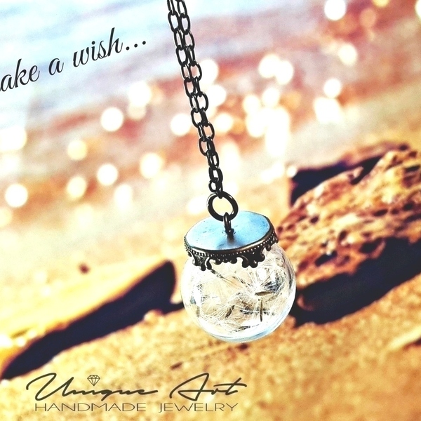 Dandelion Necklace, Make a Wish! - charms, romantic, μακριά, λουλούδι, μπρούντζος - 2