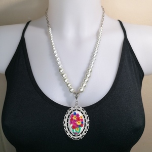 Κολιέ από πλυμπιακό πηλός και pearl on light metal - πηλός, μεγάλα - 3