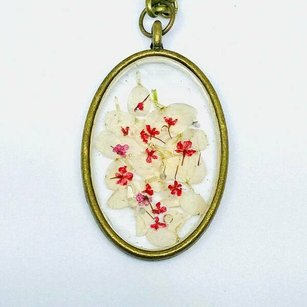 Élodie Vintage - White Oval - Pressed Flowers Necklace - charms, μακριά, λουλούδι, μενταγιόν