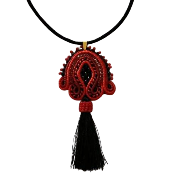 Κολιέ κόκκινο με τεχνική soutache, - κοντά, δέρμα, ημιπολύτιμες πέτρες