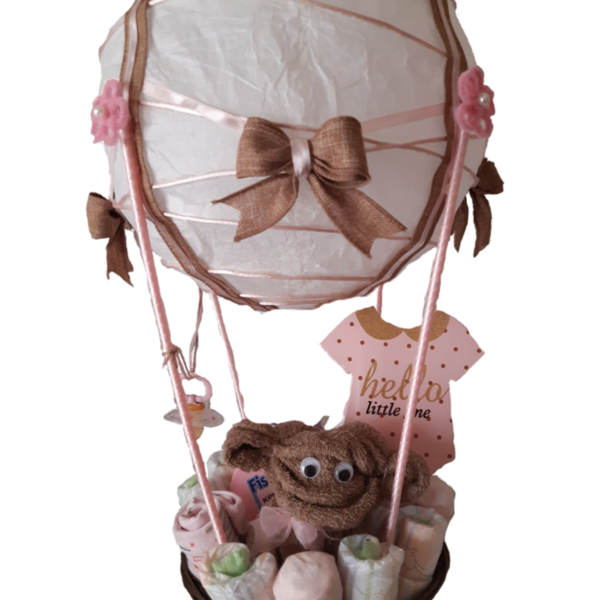 Diaper Cake (Pink Monkey Airballoon) - κορίτσι, σετ δώρου