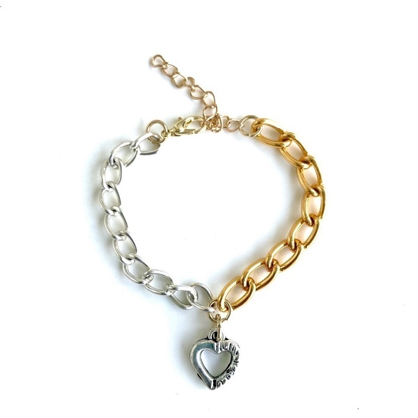 Βραχιόλι αλυσίδα με καρδιά ασημί και χρυσαφί - αλυσίδες, καρδιά, κοσμήματα, δώρα αγίου βαλεντίνου, χεριού, δώρα για γυναίκες - 4